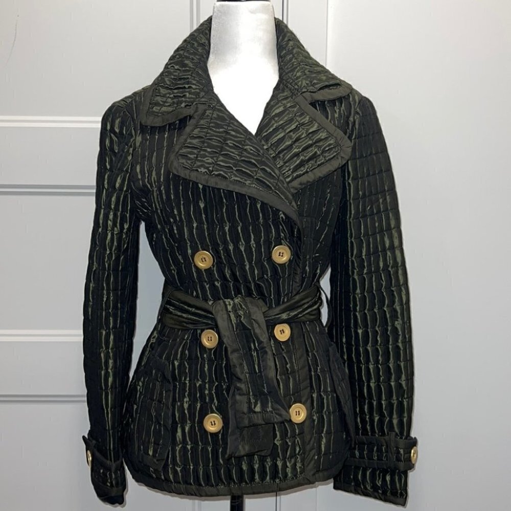ZARA Woman Metallic Green Quilted Double Breasted Tied Trench Coat Size Medium - Picture 2 of 16
